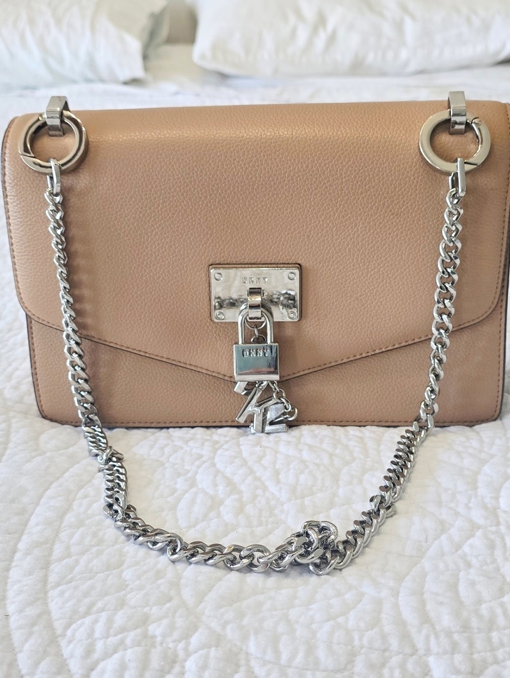 DKNY Nude Pebbled Leather Shoulder Bag with Silver Chain